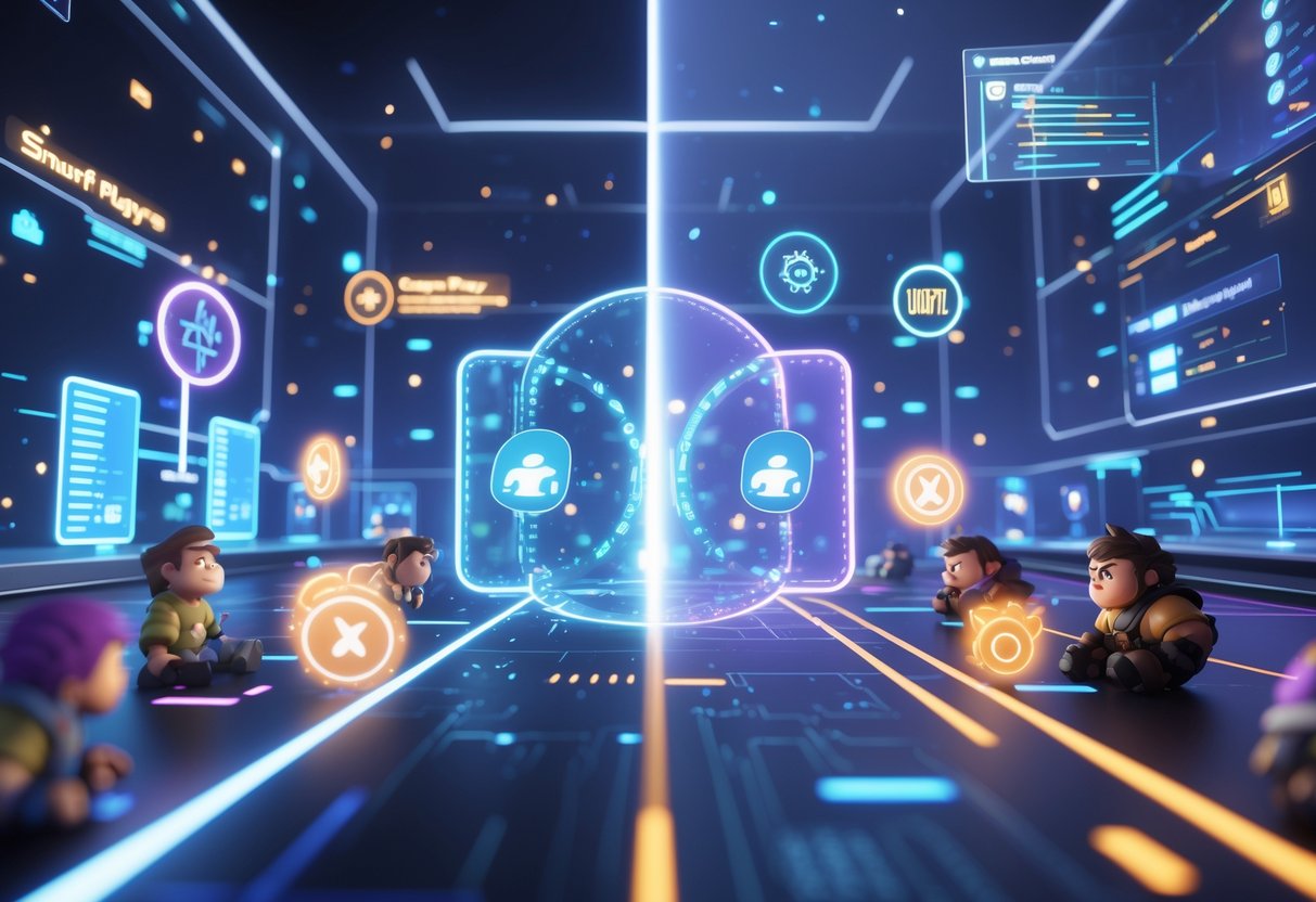 A virtual game arena showing smaller new players struggling on one side and larger experienced players dominating on the other, with symbols representing solutions to balance gameplay between them.