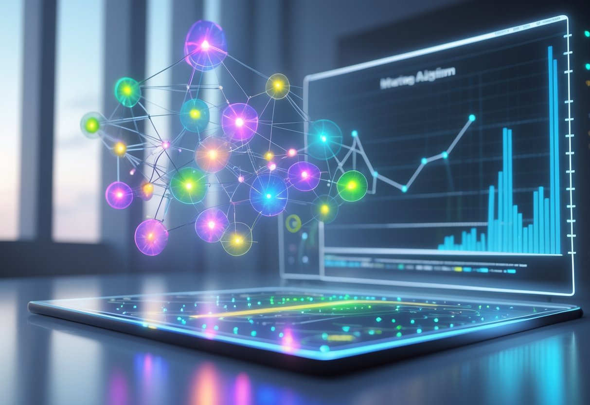 A 3D scene showing glowing interconnected data nodes with some highlighted to indicate important features, alongside dynamic graphs representing boosting detection methods in a high-tech setting.