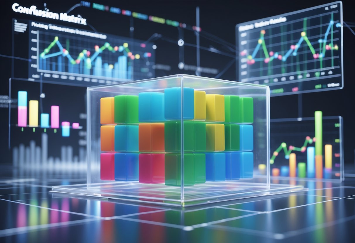 A 3D scene showing a transparent confusion matrix with coloured blocks and surrounding floating charts representing data analysis and boosting detection methods.