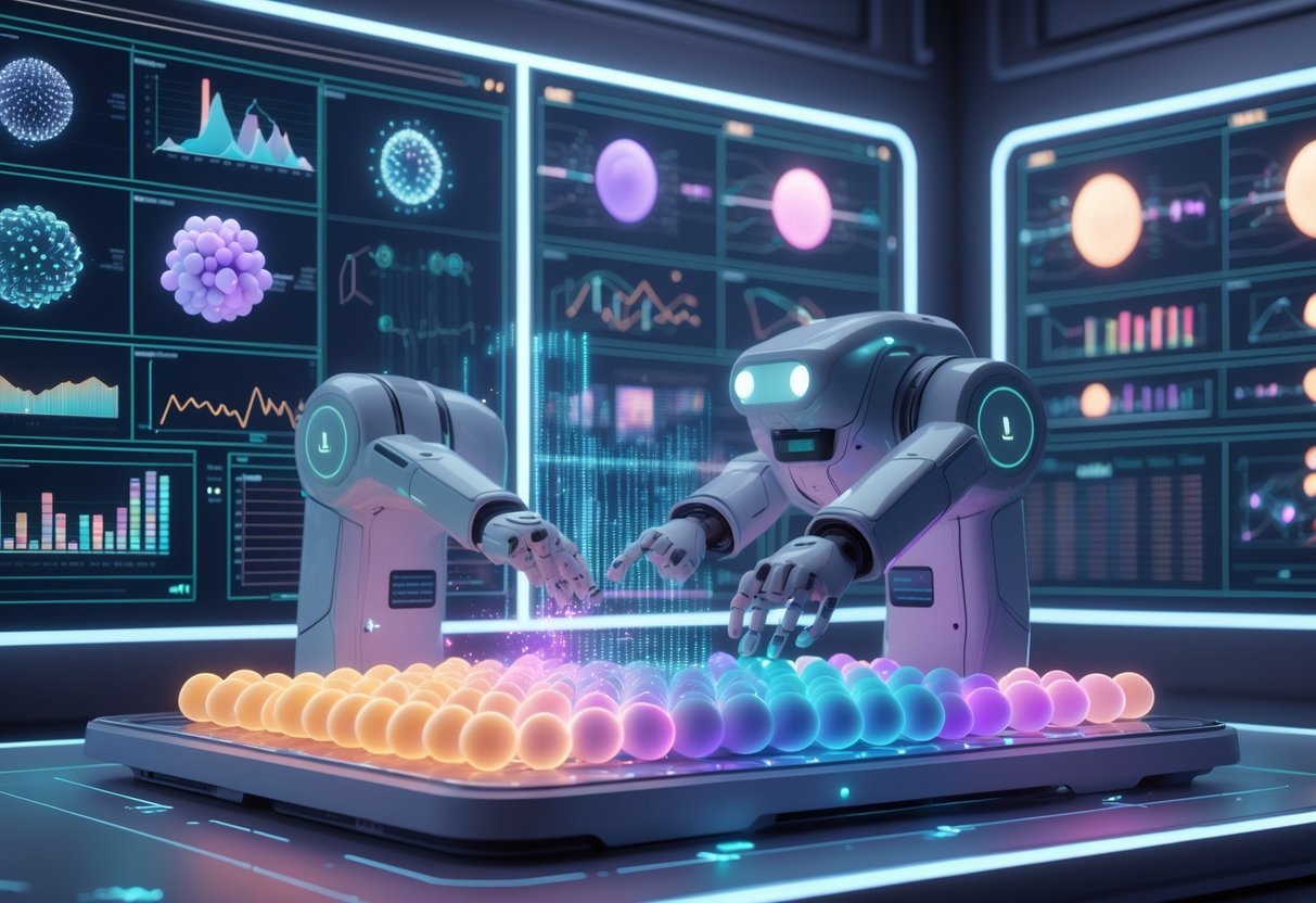 A futuristic laboratory with digital data points being organised and balanced by robotic arms, while an AI system analyses the data in the background.