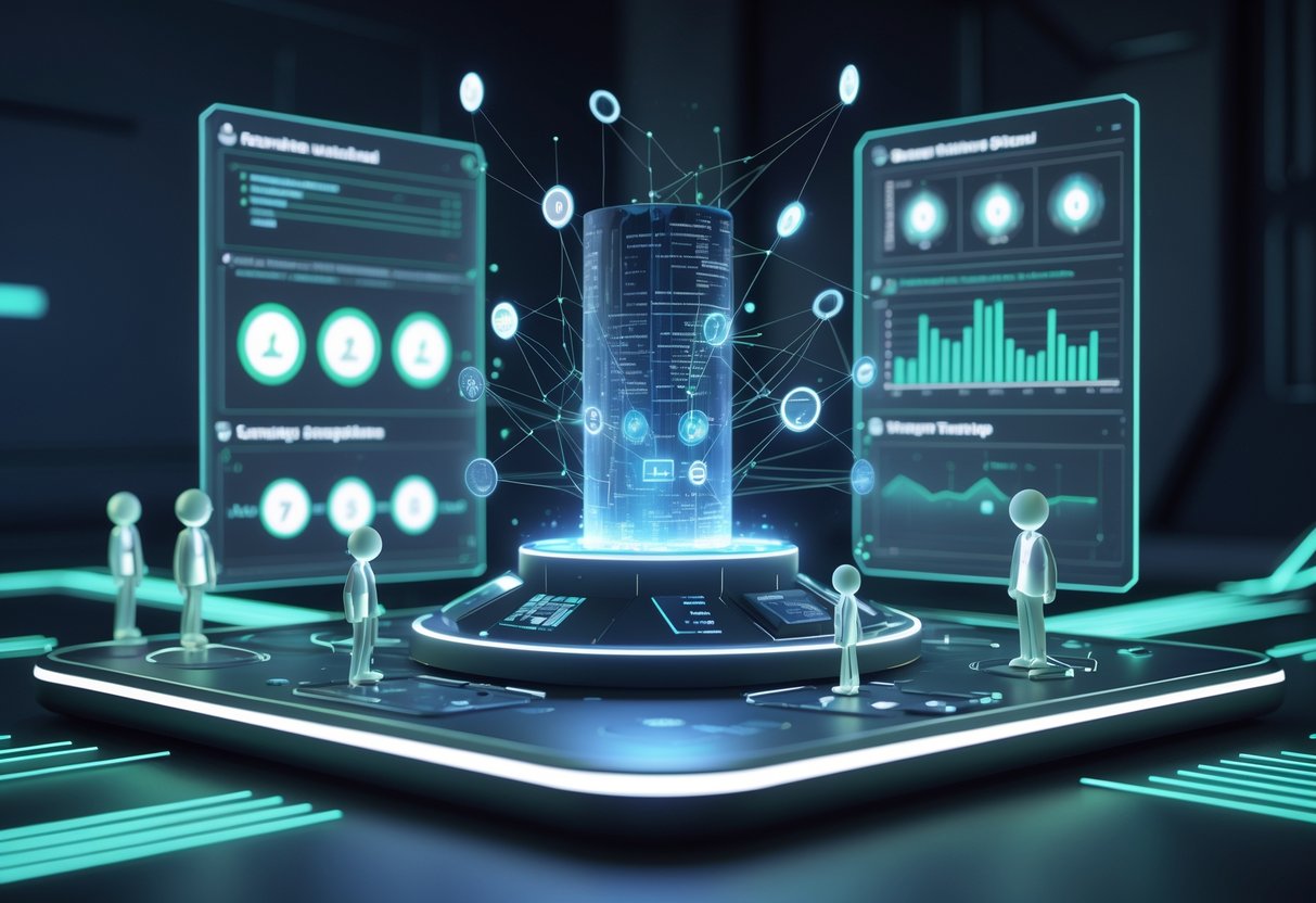 A 3D scene showing a digital matchmaking system analysing player avatars of different skill levels to prevent unfair matches in online gaming.