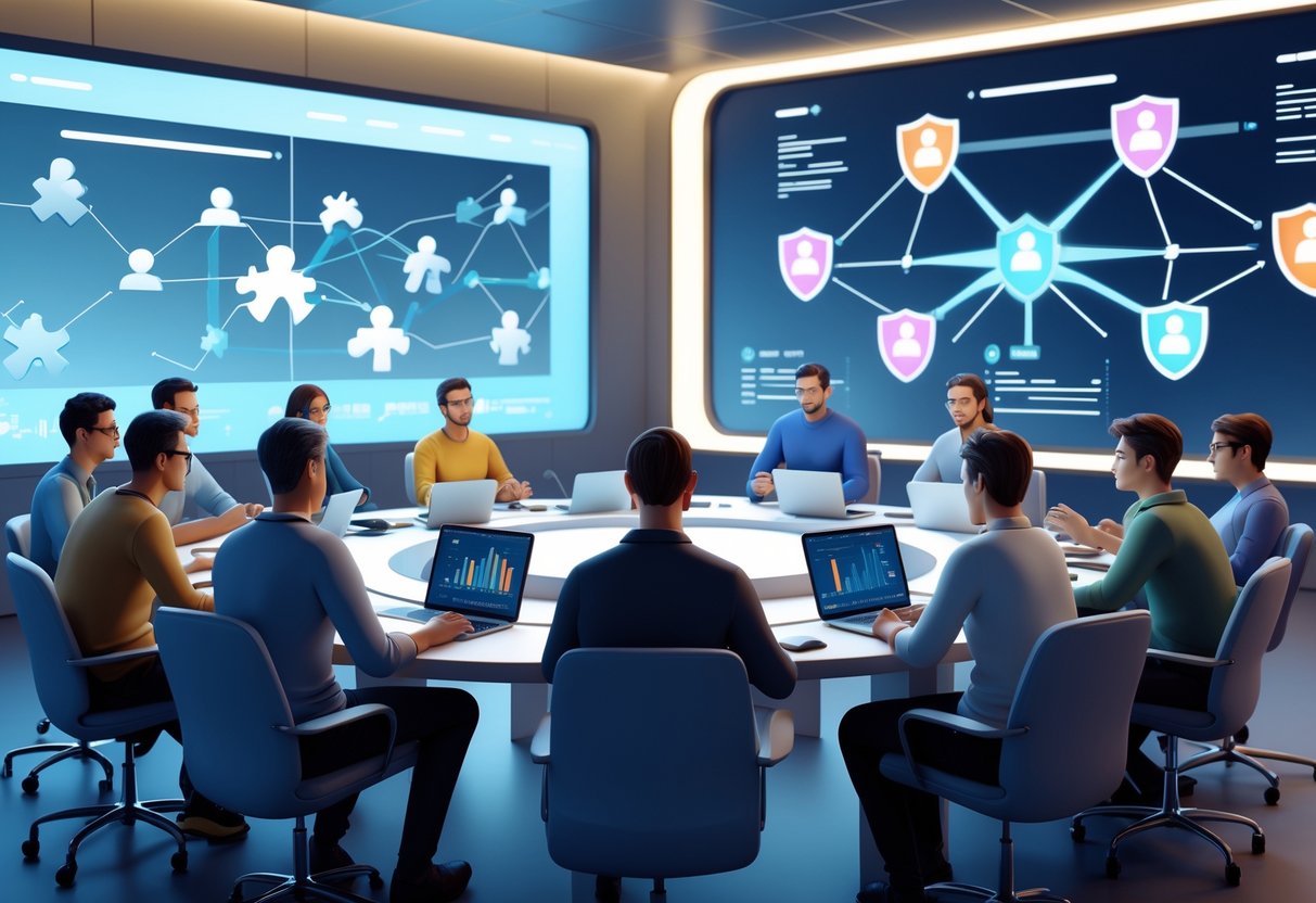 A group of people gathered around a table in a meeting room discussing solutions to a gaming problem, with digital screens showing connected user profiles and data visualisations.
