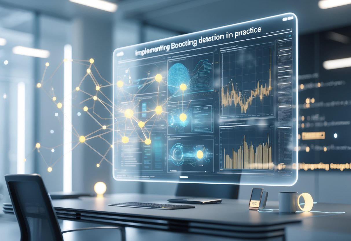 A 3D scene showing a futuristic digital workspace with a holographic interface displaying data visualisations and interconnected nodes representing boosting detection methods.