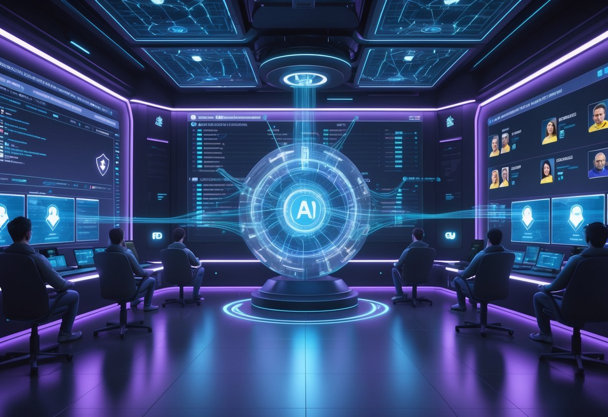 A futuristic control room with holographic screens and digital interfaces showing player data and detection networks, centred around a glowing AI core, representing anti-smurfing technology in gaming.