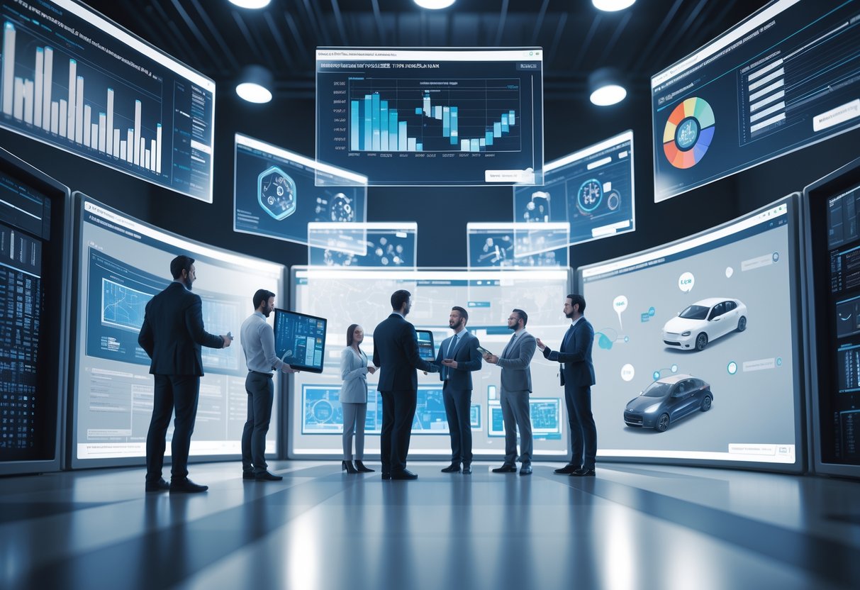 A 3D scene showing professionals in a tech lab using holographic screens to analyse data, with models of a smart city, healthcare devices, autonomous vehicles, and cybersecurity systems around them.