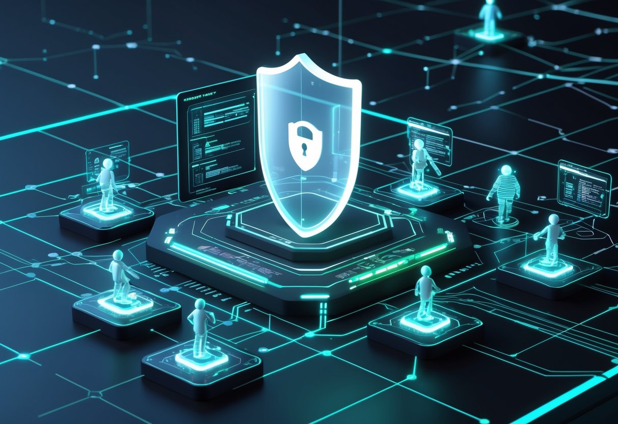 A 3D scene showing a digital network protected by a large shield with security bots monitoring data flow to prevent cyber attacks.