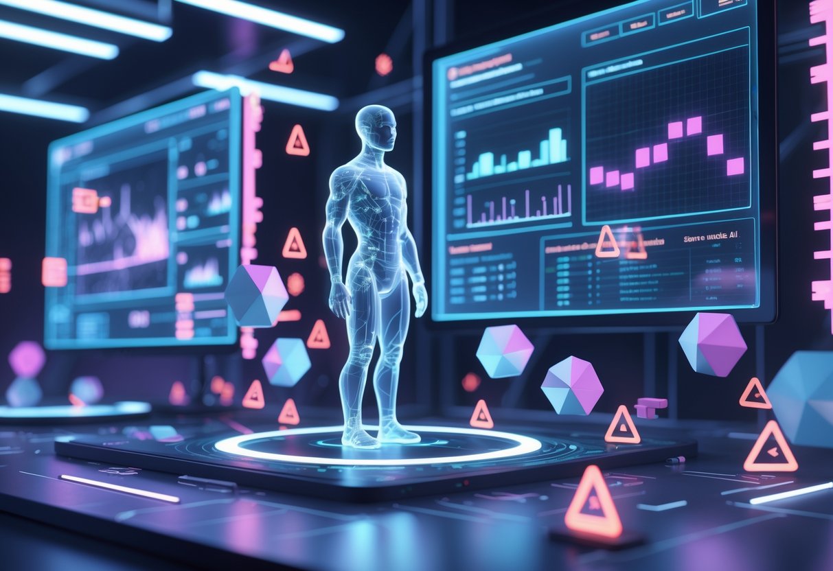 A 3D scene showing a futuristic digital lab with holographic data and a transparent humanoid figure surrounded by floating geometric shapes, some fragmented to represent challenges in detection methods.