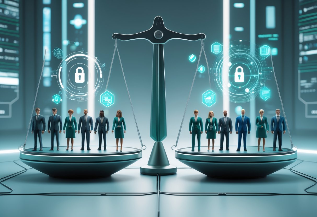 A digital scale balancing diverse people on one side and security symbols on the other in a futuristic setting.