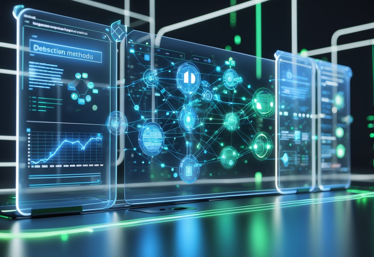 A 3D scene showing a futuristic digital interface with interconnected nodes, glowing panels, and data streams symbolising detection methods.