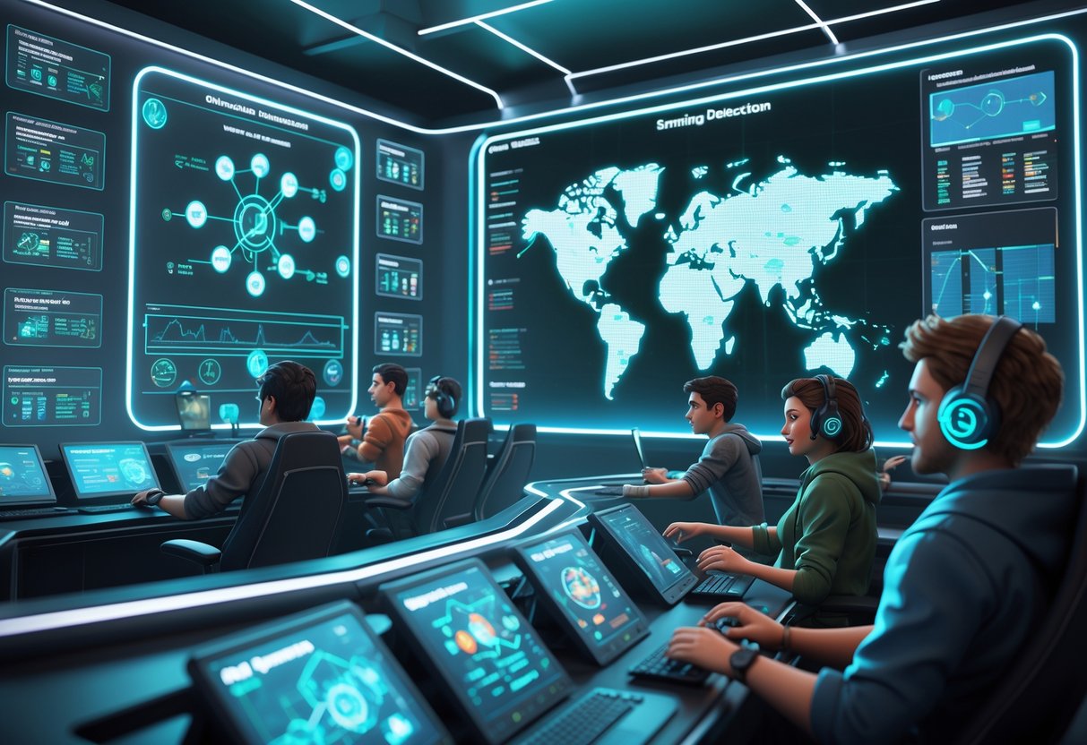 A futuristic gaming control room with holographic screens showing player data and networks, and diverse virtual avatars interacting with the technology.
