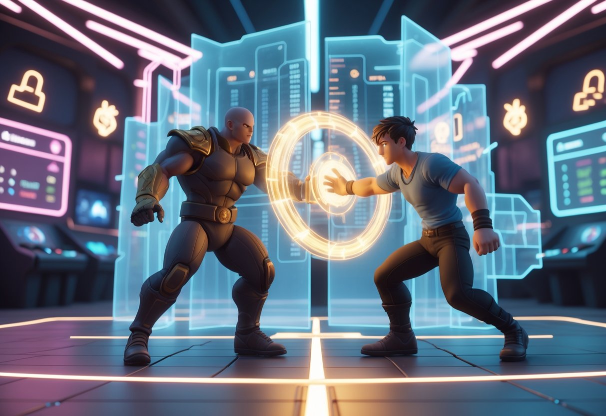 Two fighting game characters face each other in a digital arena, one blocking the other with a glowing energy barrier, surrounded by symbols of challenges and game elements.