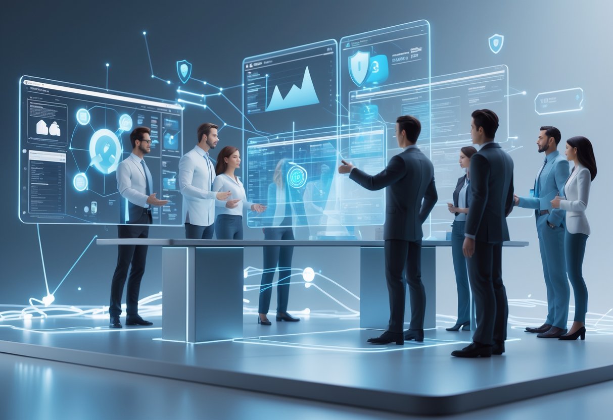 A futuristic workspace with holographic screens showing data and experts discussing solutions around a digital help desk.