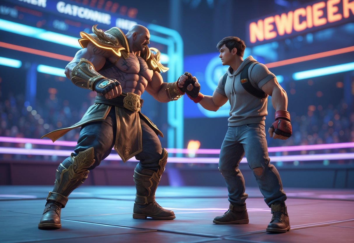 Two characters in a fighting game arena, one experienced fighter blocking the way while a newcomer looks hesitant, showing a challenging encounter.