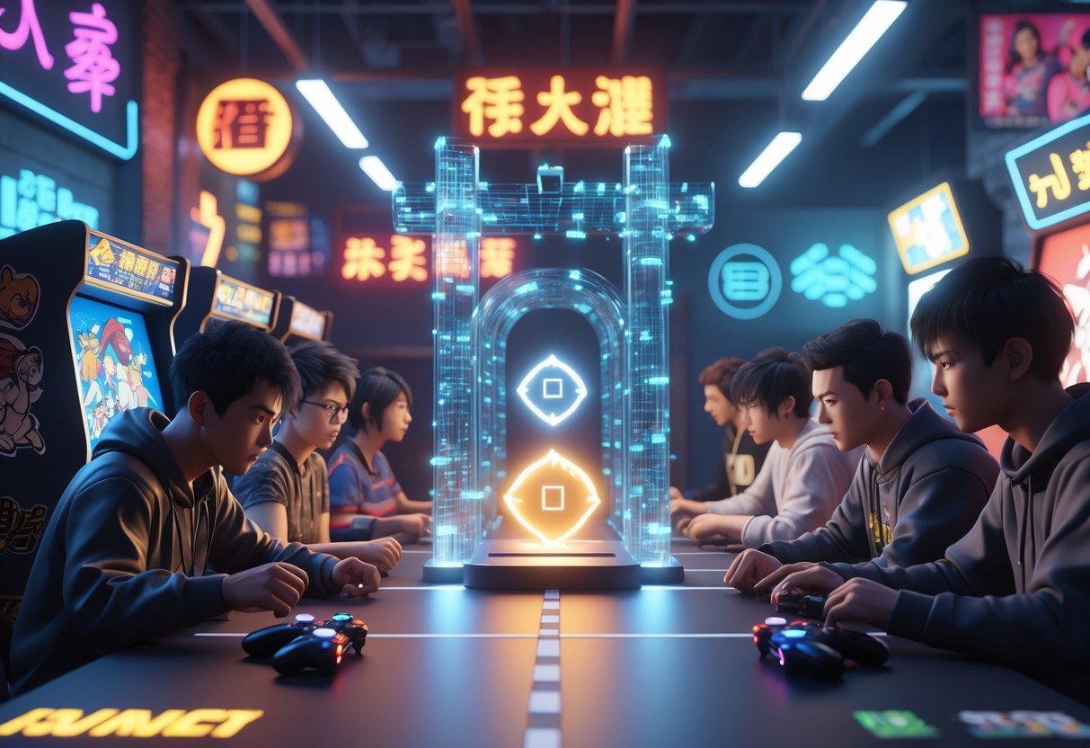 Two groups of diverse players in a gaming arcade facing each other with a glowing digital barrier between them, representing cultural differences in access to fighting games.
