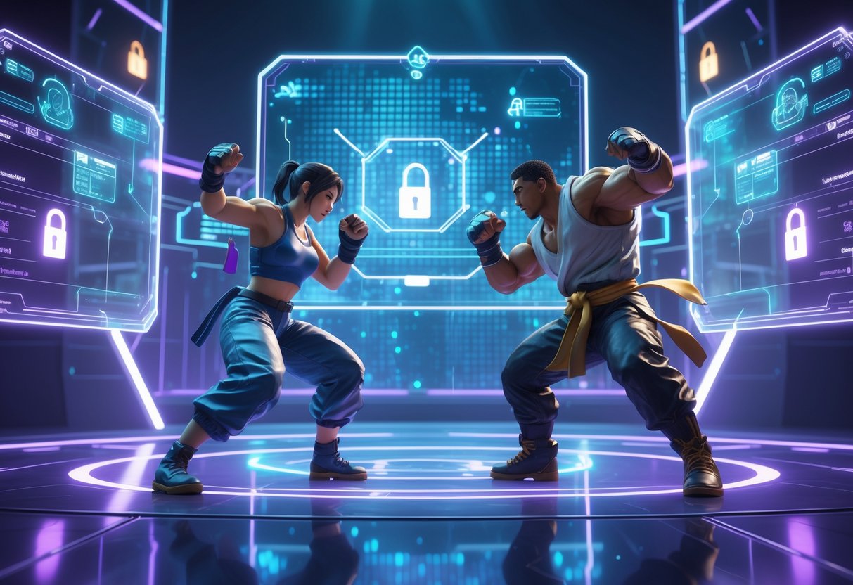 Two fighters battling in a futuristic digital arena surrounded by holographic network visuals and a glowing digital barrier representing online gatekeeping.