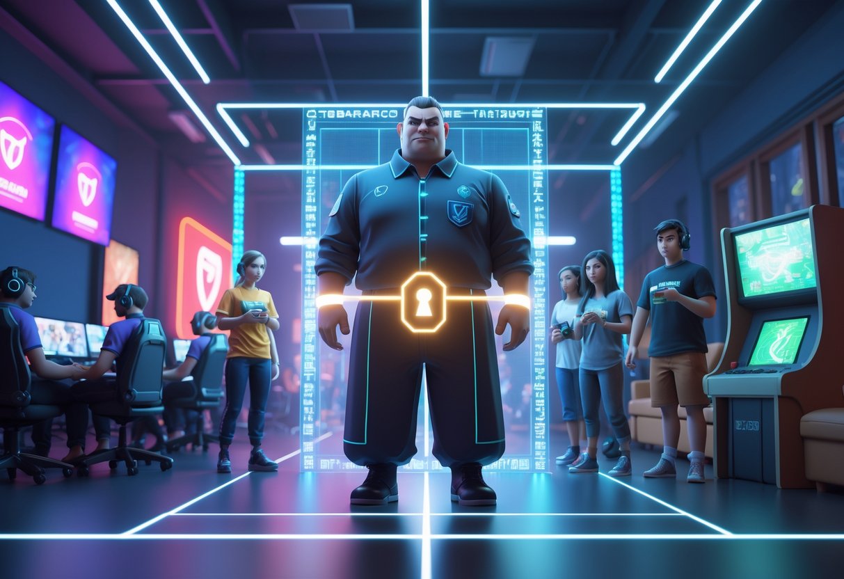 A scene showing two groups of fighting game players separated by a glowing digital barrier, with a figure standing between them holding a key.