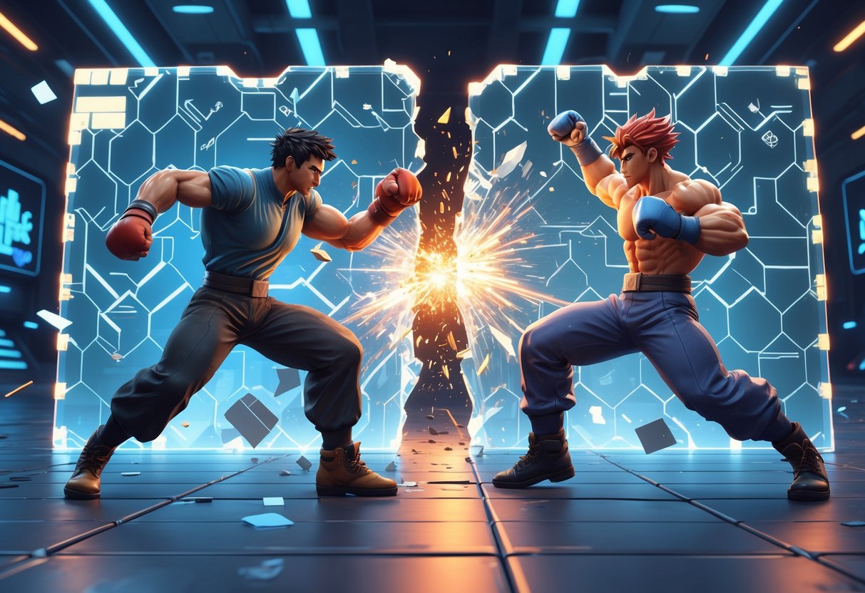 Two fighters breaking through a glowing digital barrier in a futuristic urban arena, symbolising overcoming obstacles in fighting games.