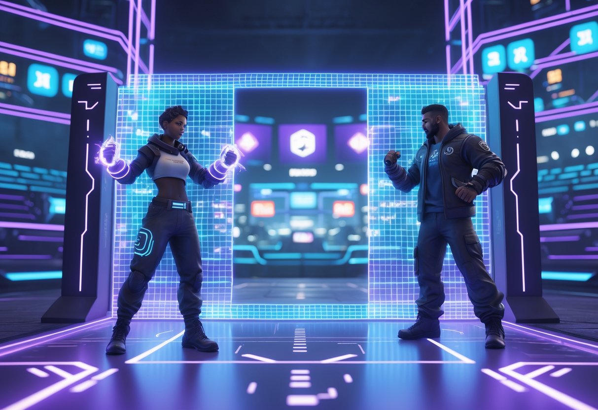 Two futuristic characters stand on either side of a glowing digital gate in a virtual fighting game arena, with one character blocked and the other ready to enter.