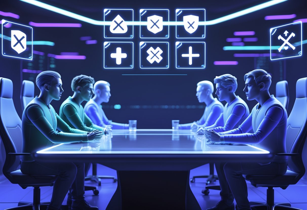 Two groups of humanoid avatars facing each other across a holographic table in a futuristic virtual space, appearing to discuss and express concern.