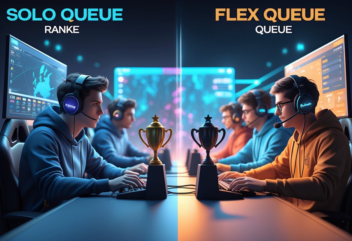 A 3D scene showing a single gamer playing alone on one side and a group of four gamers playing together on the other side, set in a digital gaming arena.