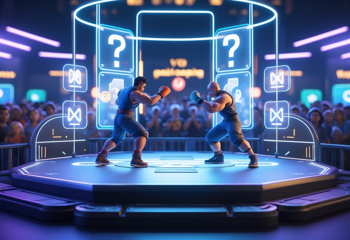 Two fighters facing each other on a raised platform surrounded by floating question mark symbols and digital barriers, with a crowd watching in a futuristic arcade setting.