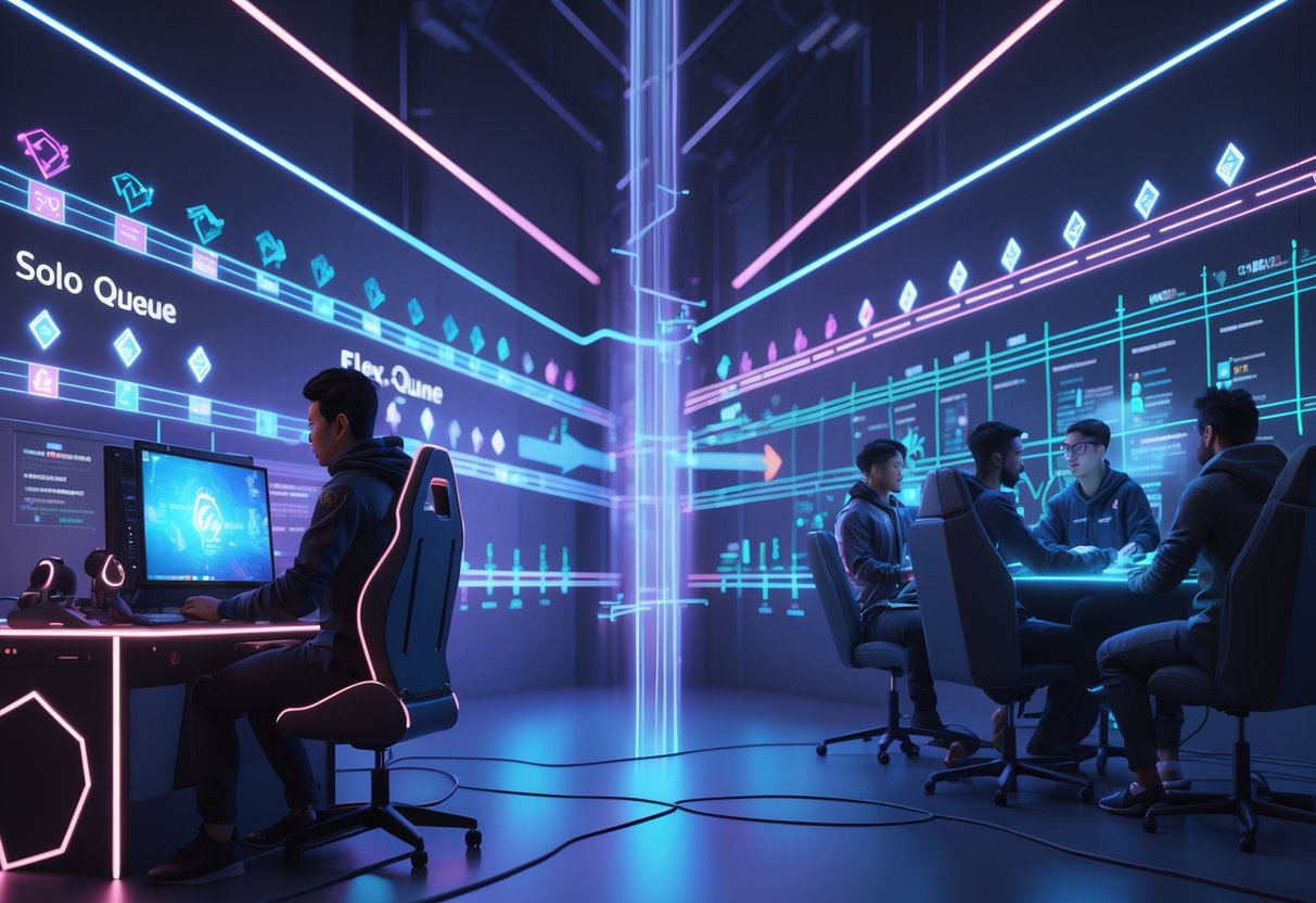 A split scene showing a lone gamer on one side and a group of players working together on the other, connected by glowing digital effects, representing the evolution of solo and team ranked play in gaming.