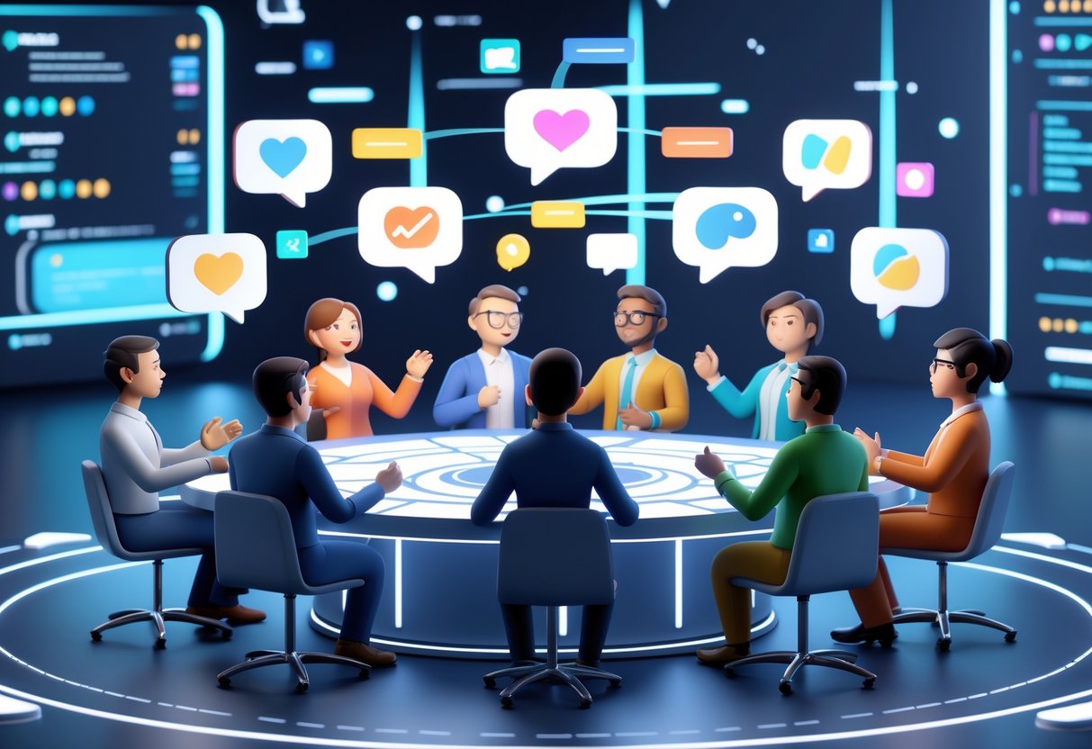 A group of diverse people around a circular table engaged in animated discussion with floating social media icons above them, set against a digital background showing data streams.