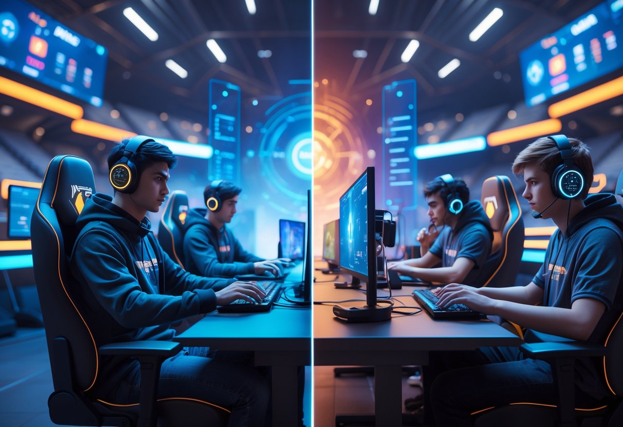 A split scene showing a single focused gamer at a gaming setup on one side and a group of four players collaborating around devices on the other side in an esports arena.