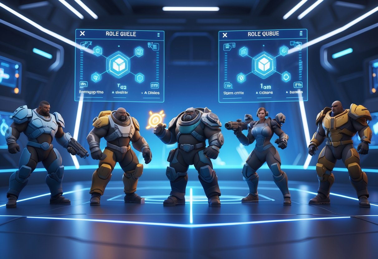 Two teams of five futuristic characters in a high-tech arena, each character clearly representing different roles, preparing for a competitive match.