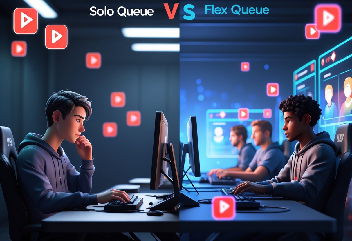 A split scene showing a frustrated lone gamer playing alone on one side and a group of players working together around a gaming table on the other side.