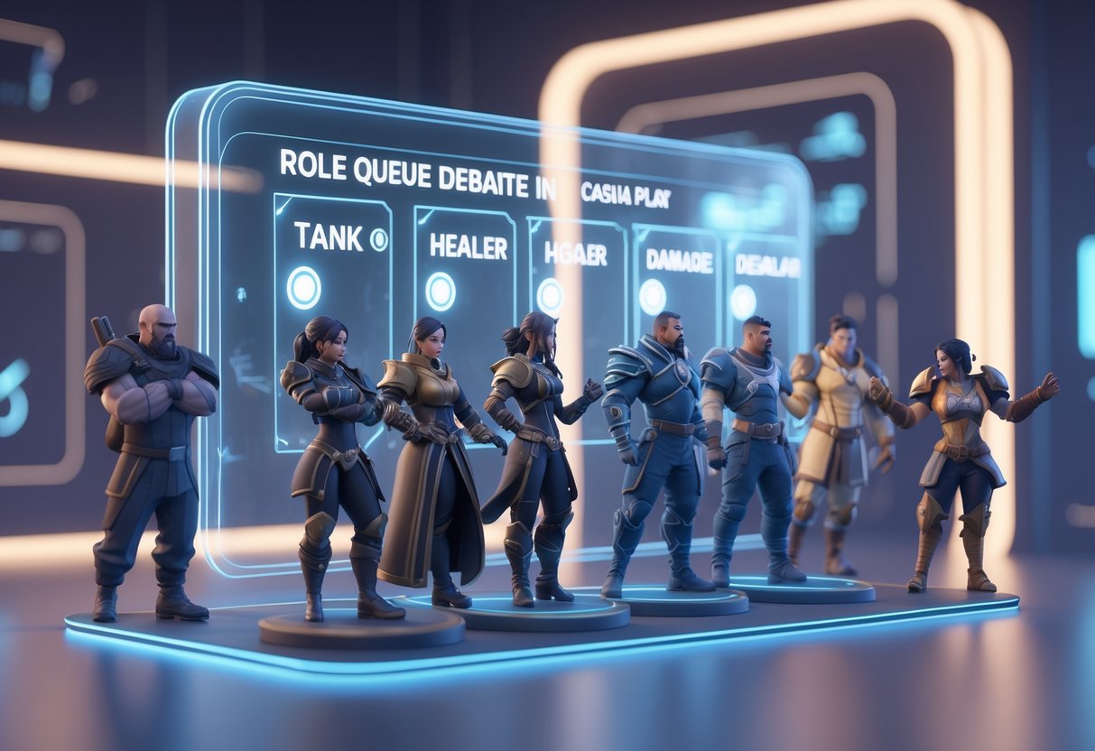 A 3D scene showing various player avatars waiting in a queue, each representing different gaming roles, in a futuristic gaming lounge with glowing digital elements.