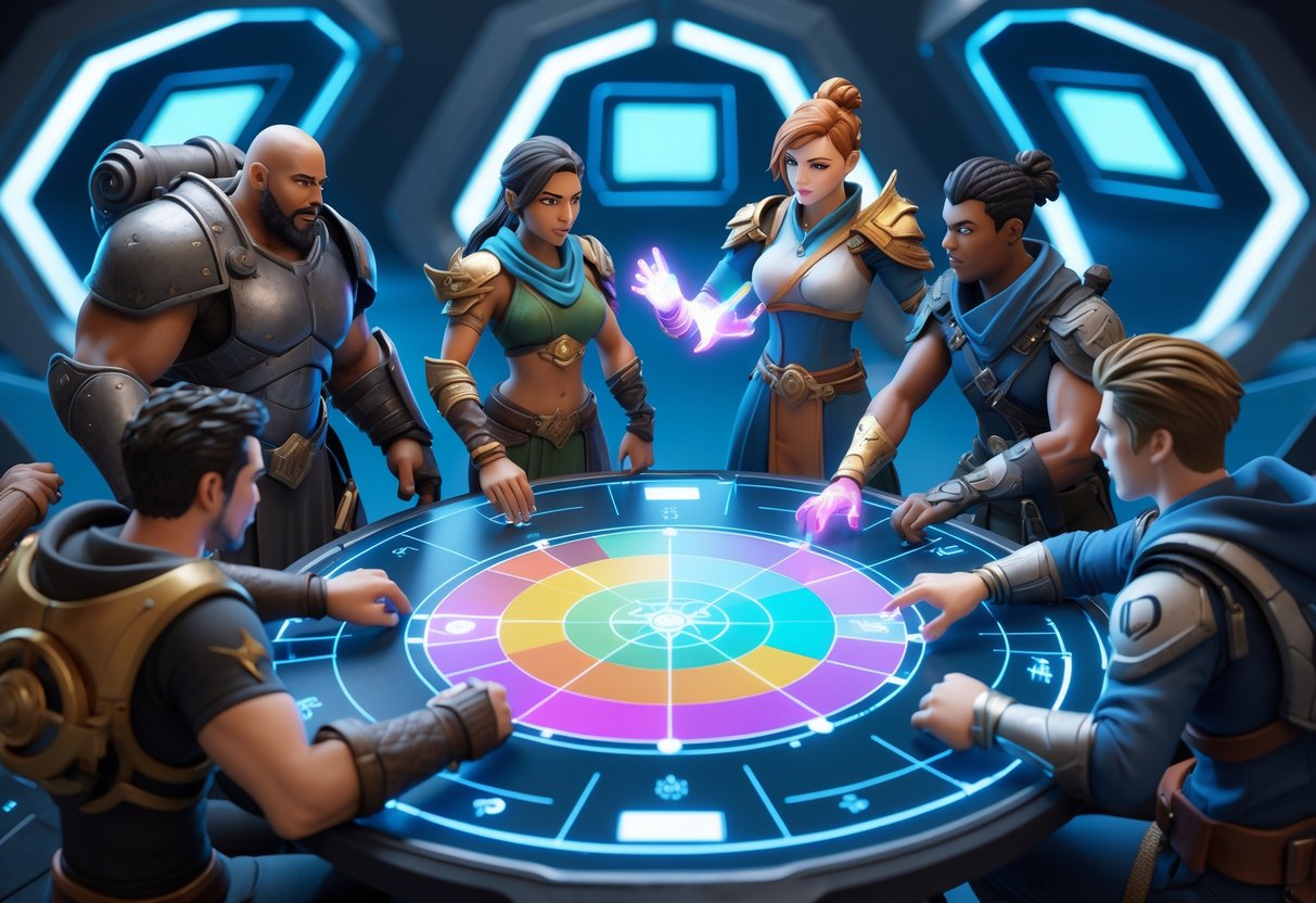 A group of six diverse characters in a futuristic room debating around a glowing holographic table showing a team composition chart.