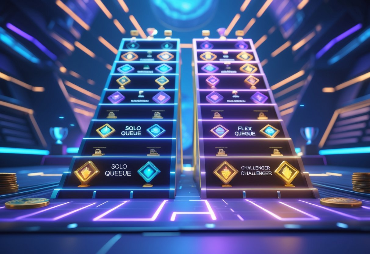 A 3D scene showing two glowing ladders side by side representing solo queue and flex queue progressions with various ranks and floating rewards in a futuristic gaming arena.