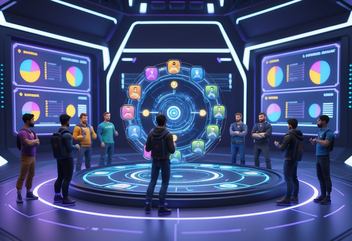A futuristic gaming arena with players gathered around a glowing holographic interface showing balanced teams and game statistics.
