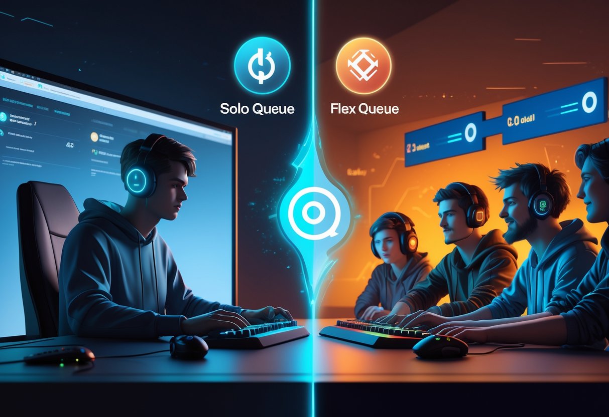 A split scene showing a lone gamer playing at a desk on one side and a group of four gamers playing together on the other side, with contrasting lighting and gaming elements around them.