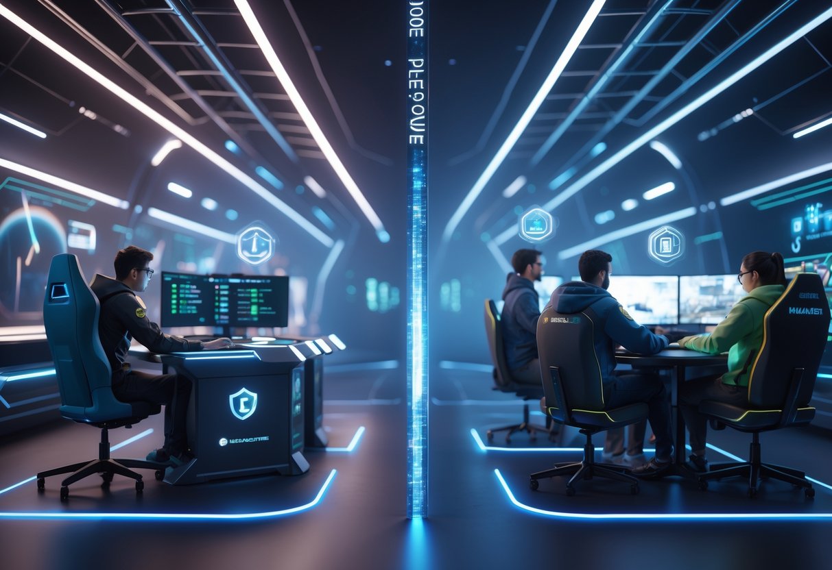 A futuristic gaming arena split into two sides, showing a solo gamer focused at a single station and a group of gamers collaborating at multiple stations.