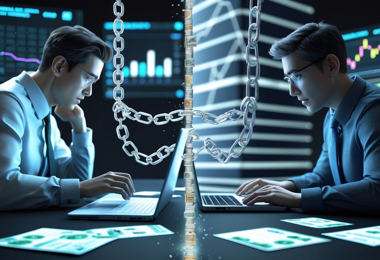 A split scene showing a worried person at a desk with bills and a laptop, opposite a large office building with digital stock charts, connected by digital chains symbolising account sharing consequences.