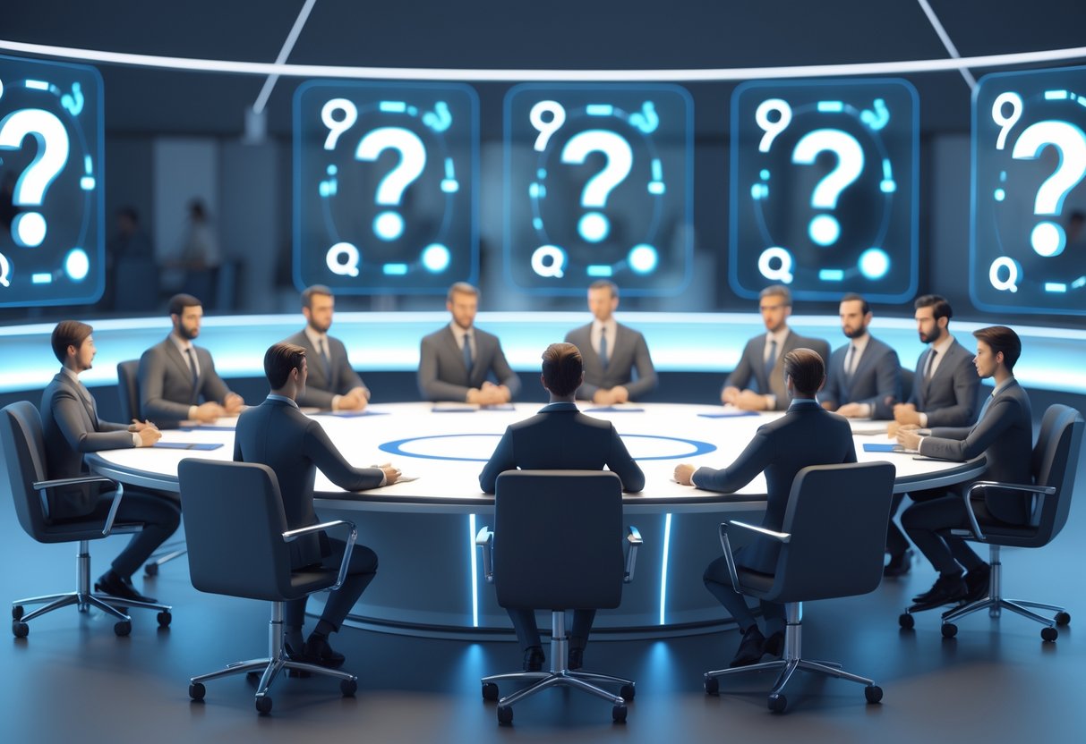 A group of people sitting around a circular table in a modern conference room, engaged in a discussion with digital holographic displays showing question and queue symbols.