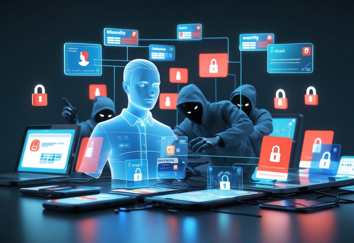 A digital scene showing a person surrounded by floating personal information being taken by shadowy figures, with devices displaying warning signs to represent identity theft and fraud from account sharing.