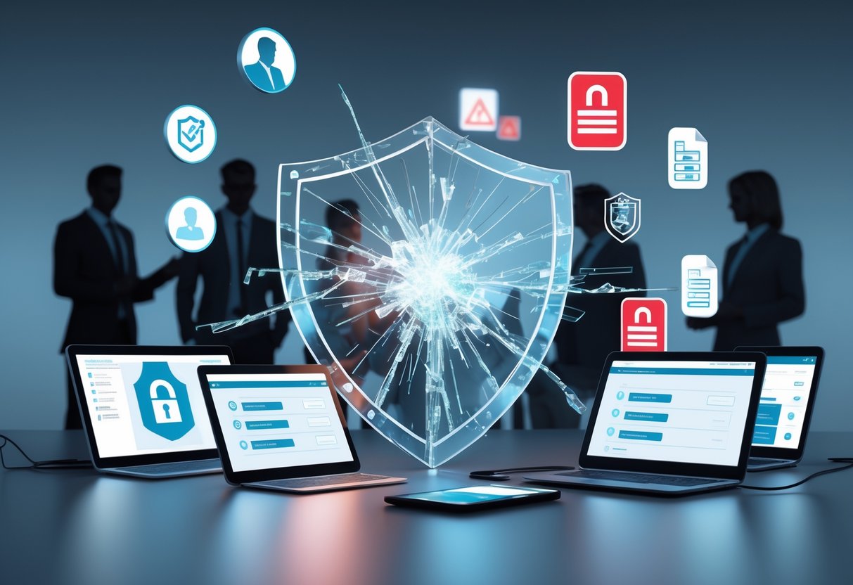 A modern office scene showing digital devices with login screens and a cracked holographic shield symbolising security risks, with shadowy figures representing unauthorised access.