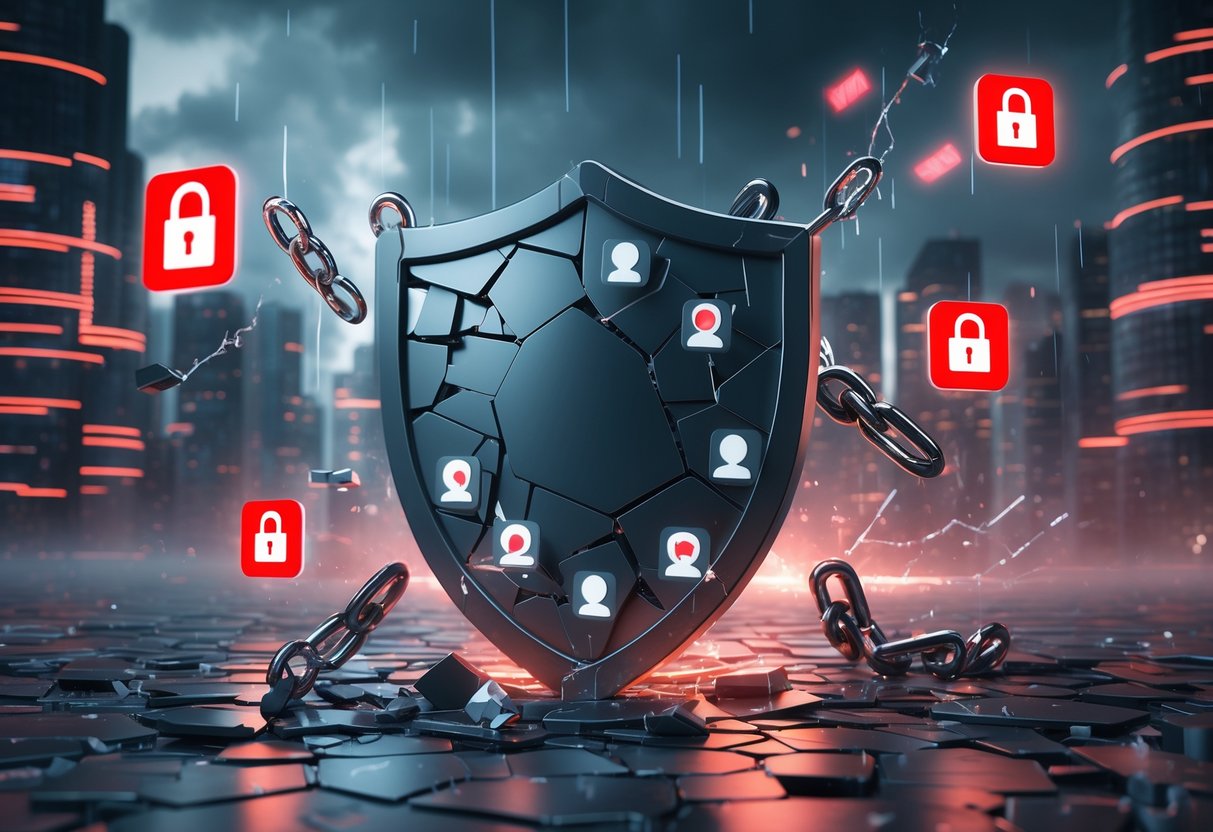 A shattered digital shield surrounded by broken user icons and cracked padlocks, set against a dark digital cityscape with flickering data streams, representing account compromises and reputational damage.
