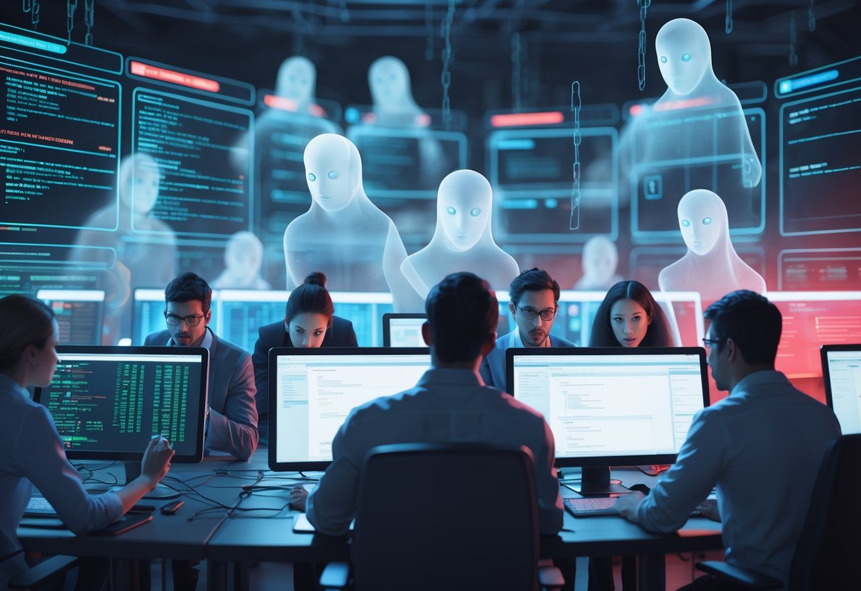 A digital control room with cybersecurity analysts examining overlapping user profiles and warning alerts, with ghost-like figures symbolising shared accounts causing confusion.