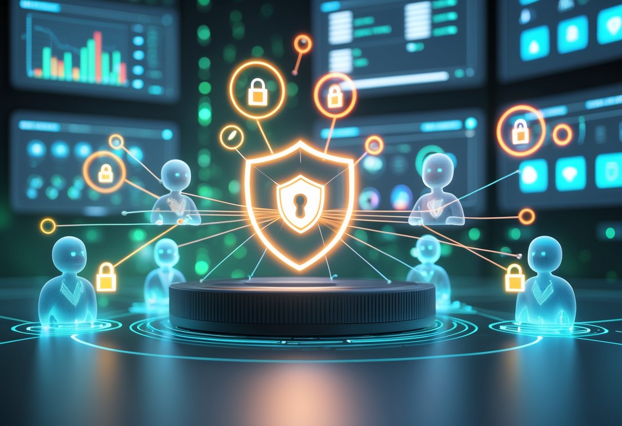 A digital scene showing user avatars connected to a central secure server with glowing lines, surrounded by security symbols and warning icons, representing the risks and protection of account sharing.
