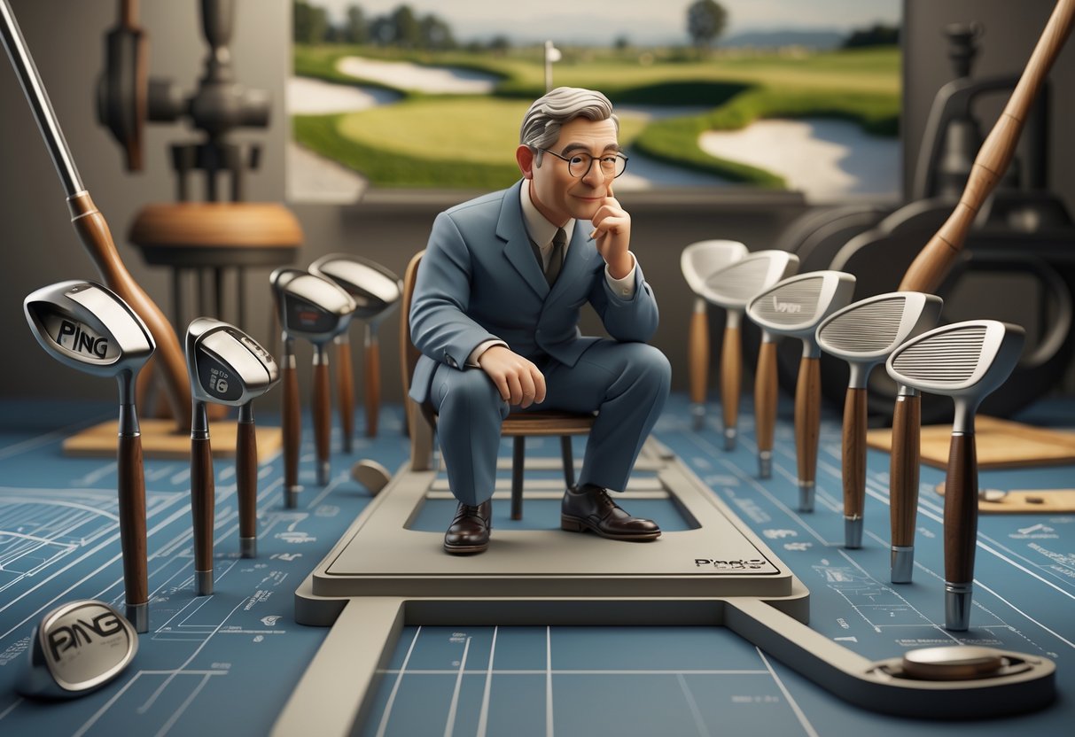 A scene showing Karsten Solheim with different golf putter designs from early to modern times, alongside blueprints and golf course elements.