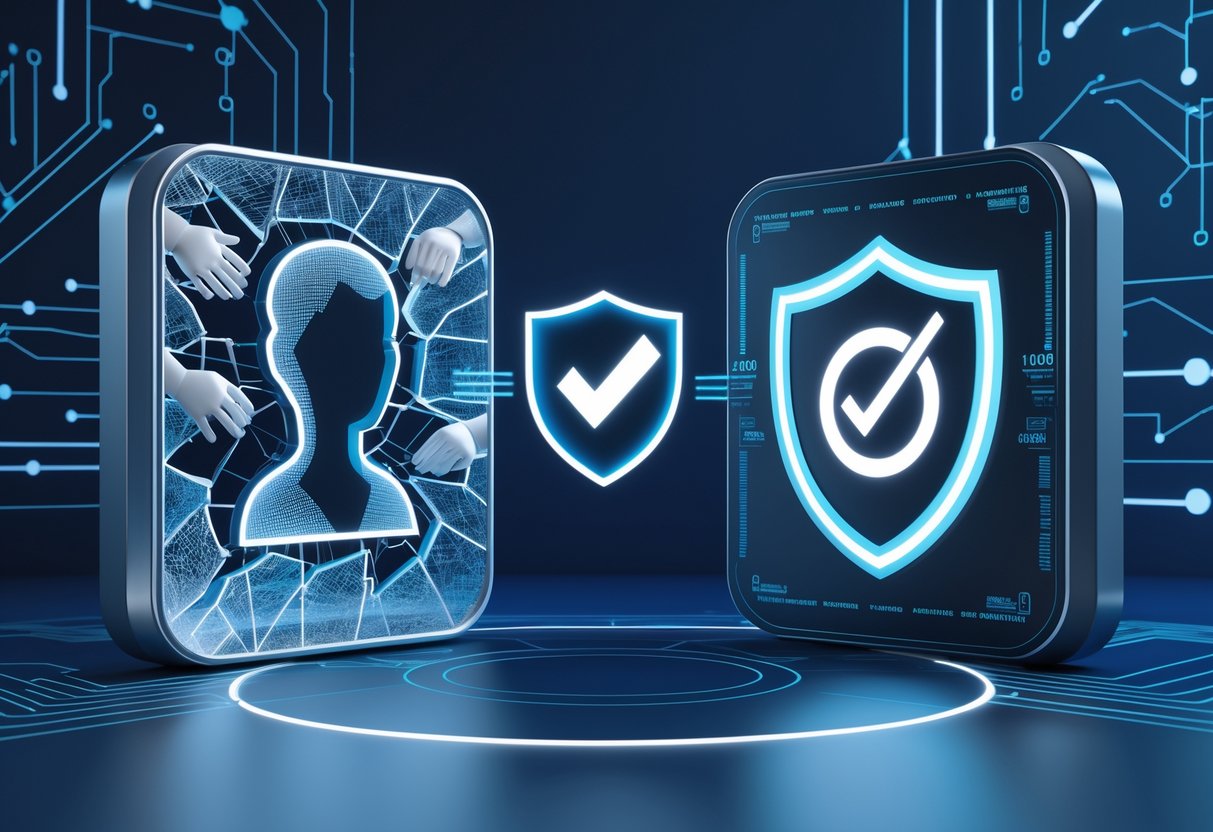 A 3D scene showing a cracked user profile icon with multiple hands reaching towards it on one side, and on the other side, biometric authentication devices like a fingerprint scanner and facial recognition hologram with a digital shield symbol between them.
