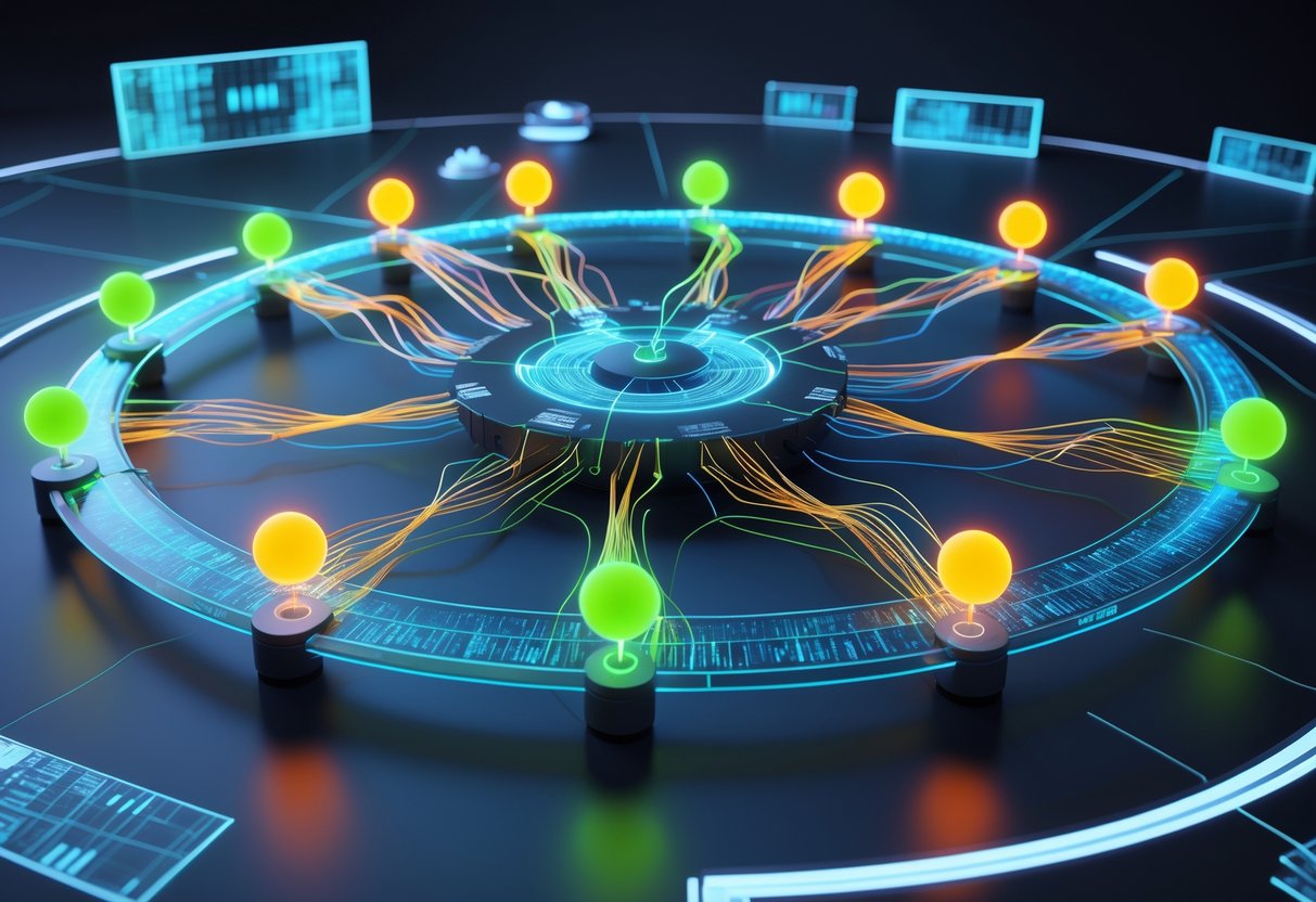 A glowing circular network of interconnected nodes emitting pulsating signals around a central hub, representing the evolution of a perimeter weighting ping system.