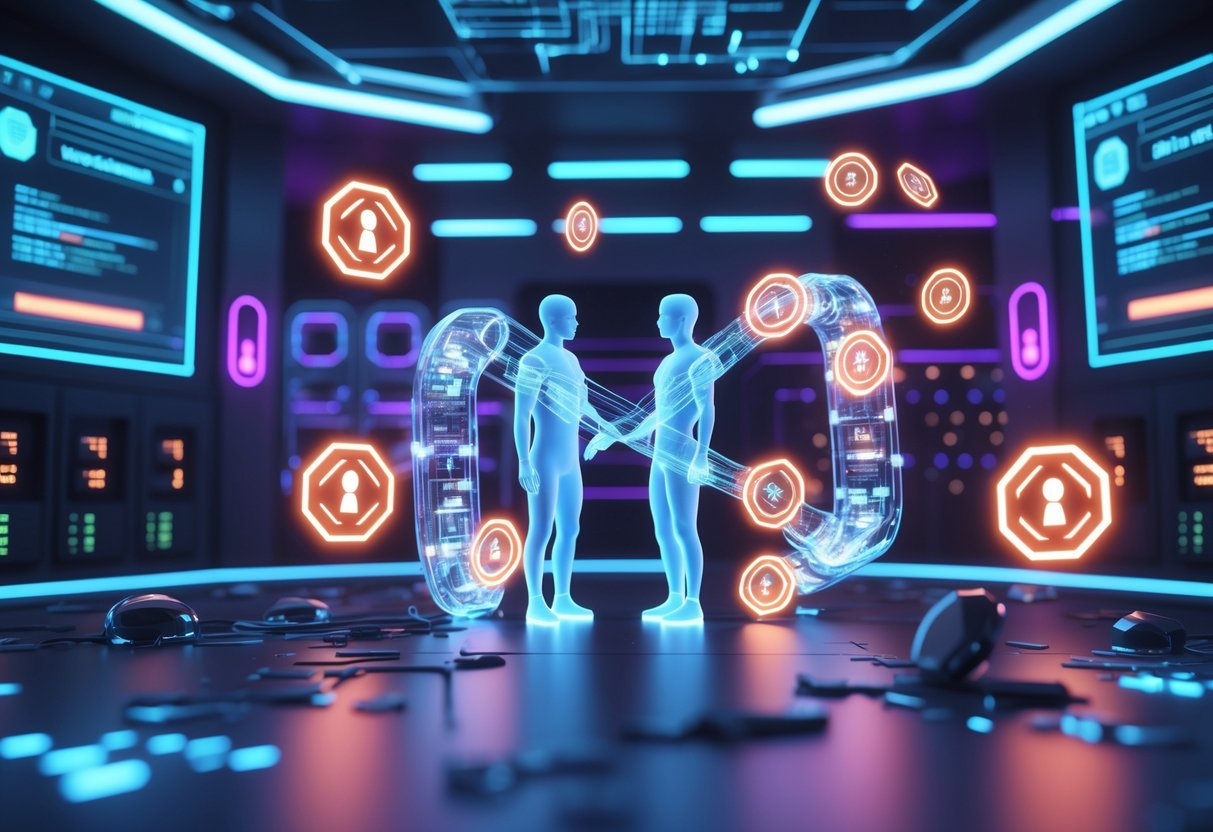 A futuristic digital scene showing two connected human figures with glowing chains, surrounded by security shields and warning icons in a high-tech control room.