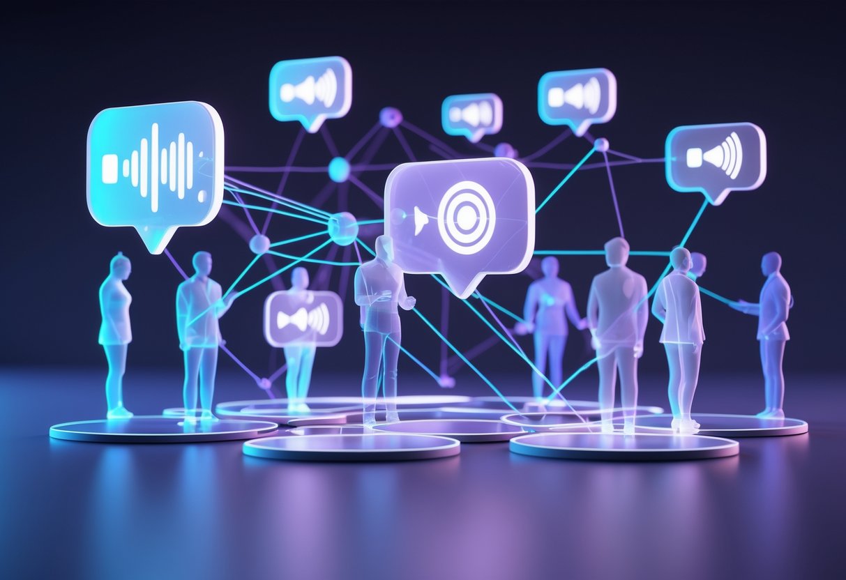 A 3D scene showing holographic speech bubbles and sound waves connecting several human figures, representing voice chat and communication.