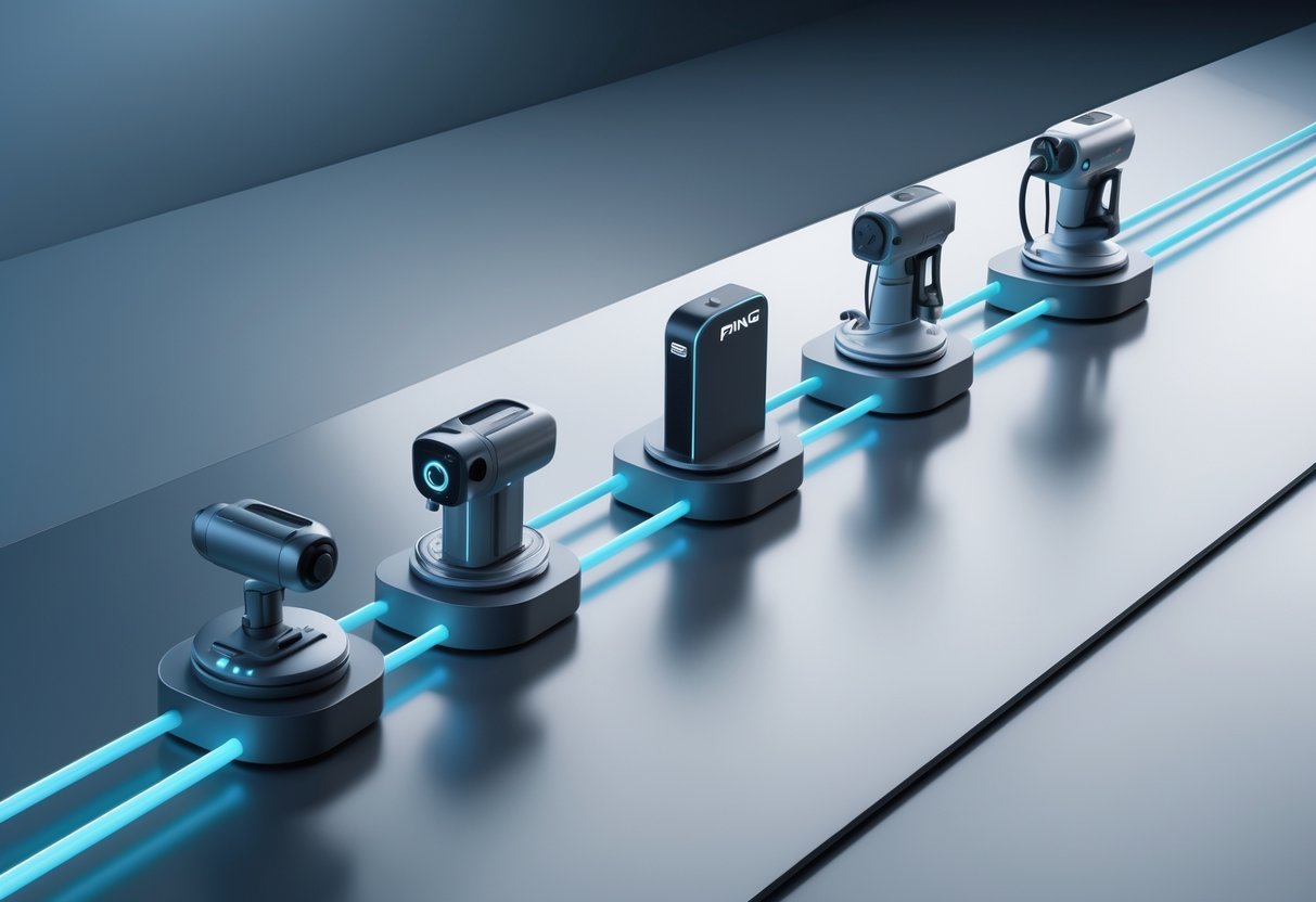A 3D timeline showing the key stages in the development of the Ping Iron system with models of different versions connected by a glowing line on a metallic surface.