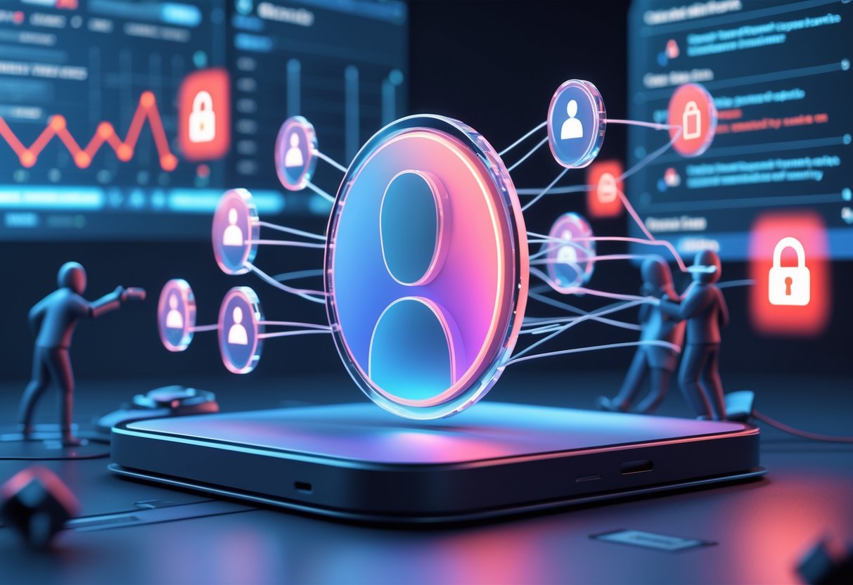 A digital scene showing multiple user icons connected by glowing lines with warning symbols and broken locks indicating risks of sharing accounts.